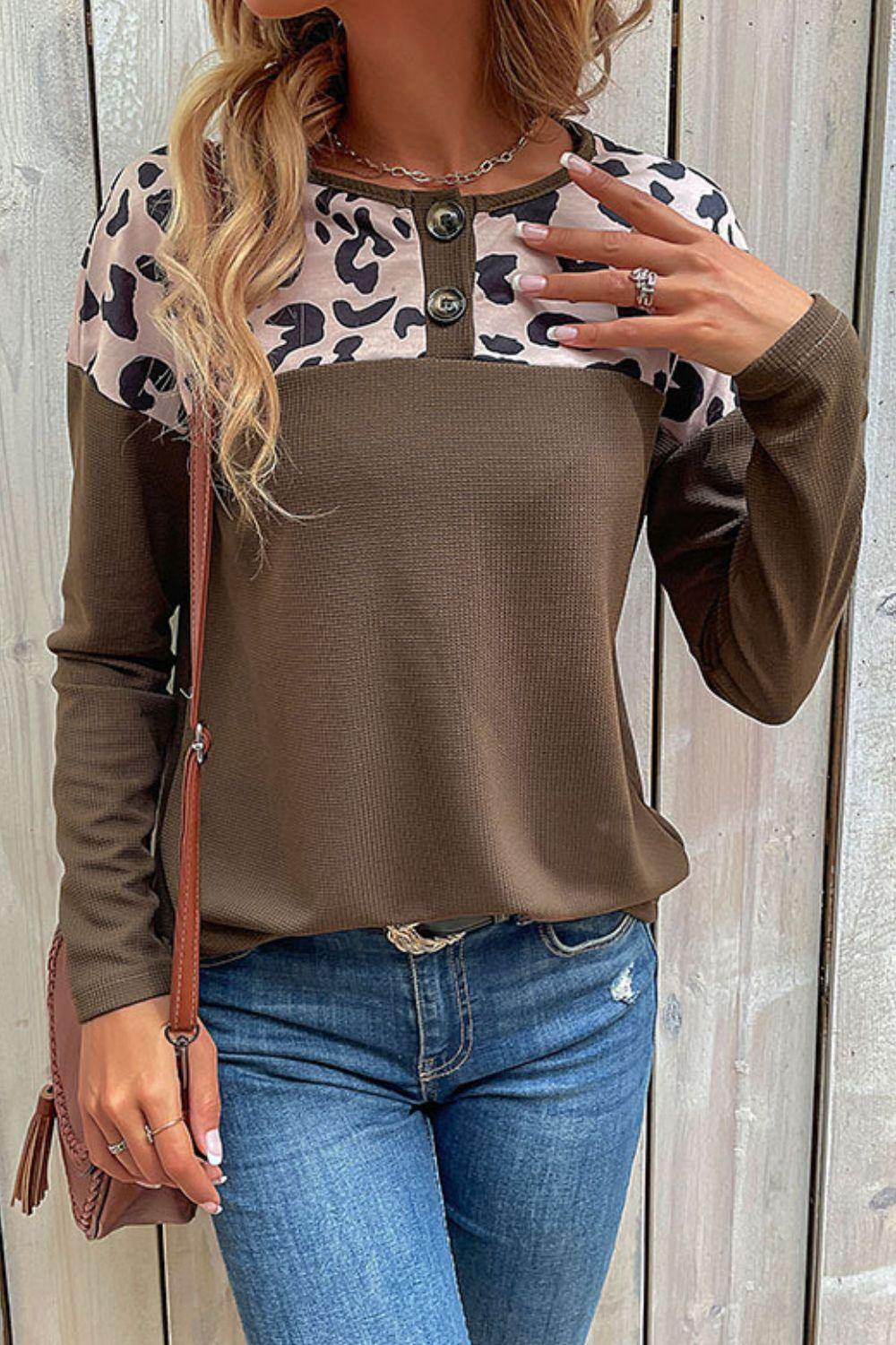 Leopard Buttoned Round Neck Drop Shoulder Top - Trendsi