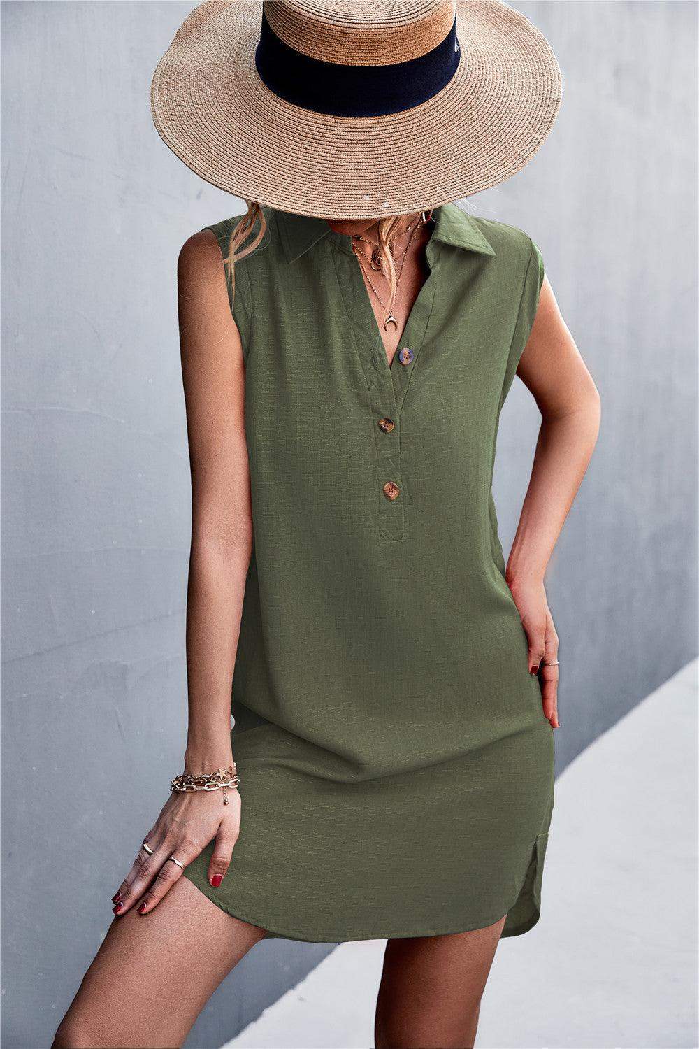 Buttoned Johnny Collar Sleeveless Dress - Trendsi - Flyclothing LLC