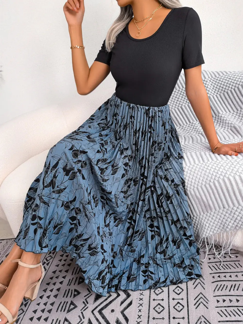 Printed Round Neck Pleated Dress - Trendsi - Flyclothing LLC