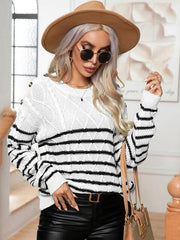 Striped Round Neck Cable-Knit Sweater - Flyclothing LLC