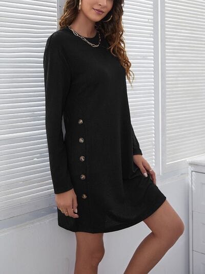 Decorative Button Round Neck Dress - Trendsi