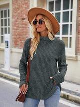 Ribbed Turtleneck Long Sleeve Slit Knit Top - Trendsi - Flyclothing LLC