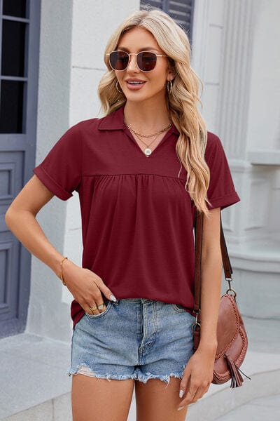Ruched Johnny Collar Short Sleeve Blouse - Trendsi