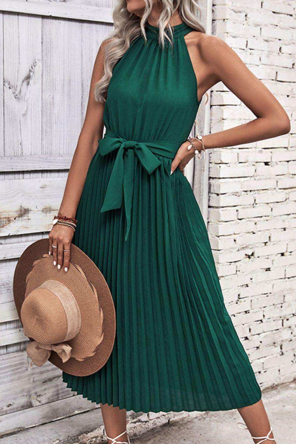 Tie Belt Pleated Midi Dress - Trendsi - Flyclothing LLC