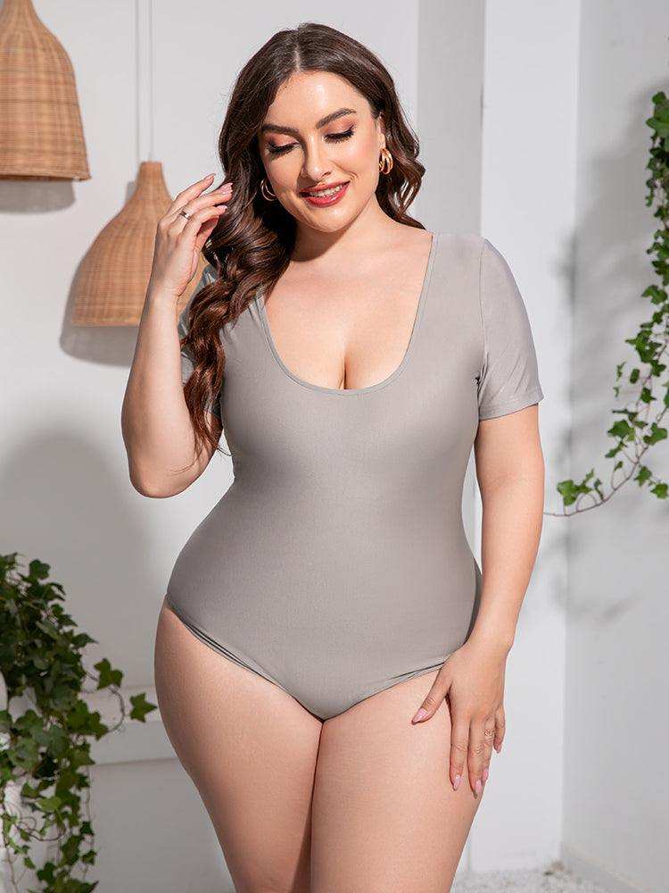 Plus Size Scoop Neck Short Sleeve One-Piece Swimsuit - Trendsi - Flyclothing LLC