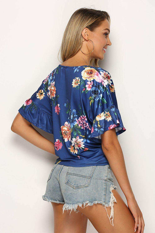 Floral Tie Hem Flounce Sleeve Top - Trendsi - Flyclothing LLC