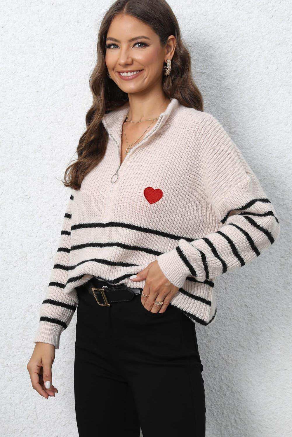 Striped Zip-Up Long Sleeve Ribbed Sweater - Trendsi - Flyclothing LLC