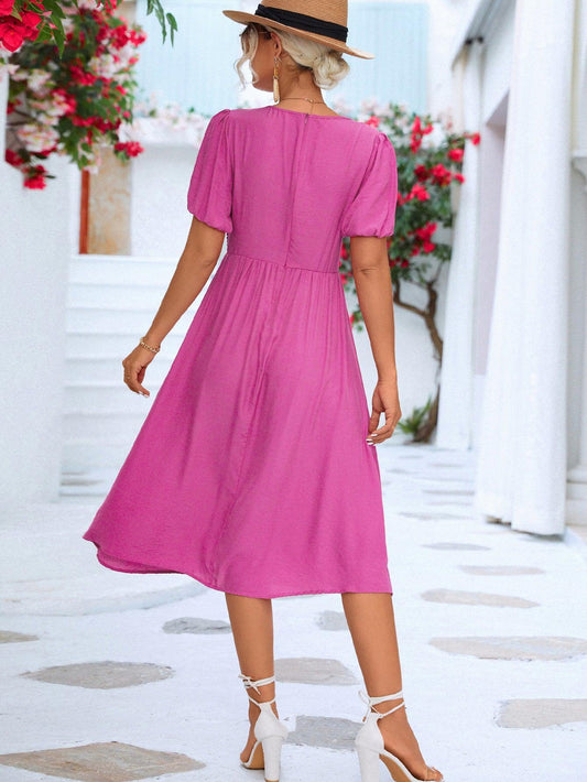 Twisted Short Puff Sleeve V-Neck Dress - Flyclothing LLC