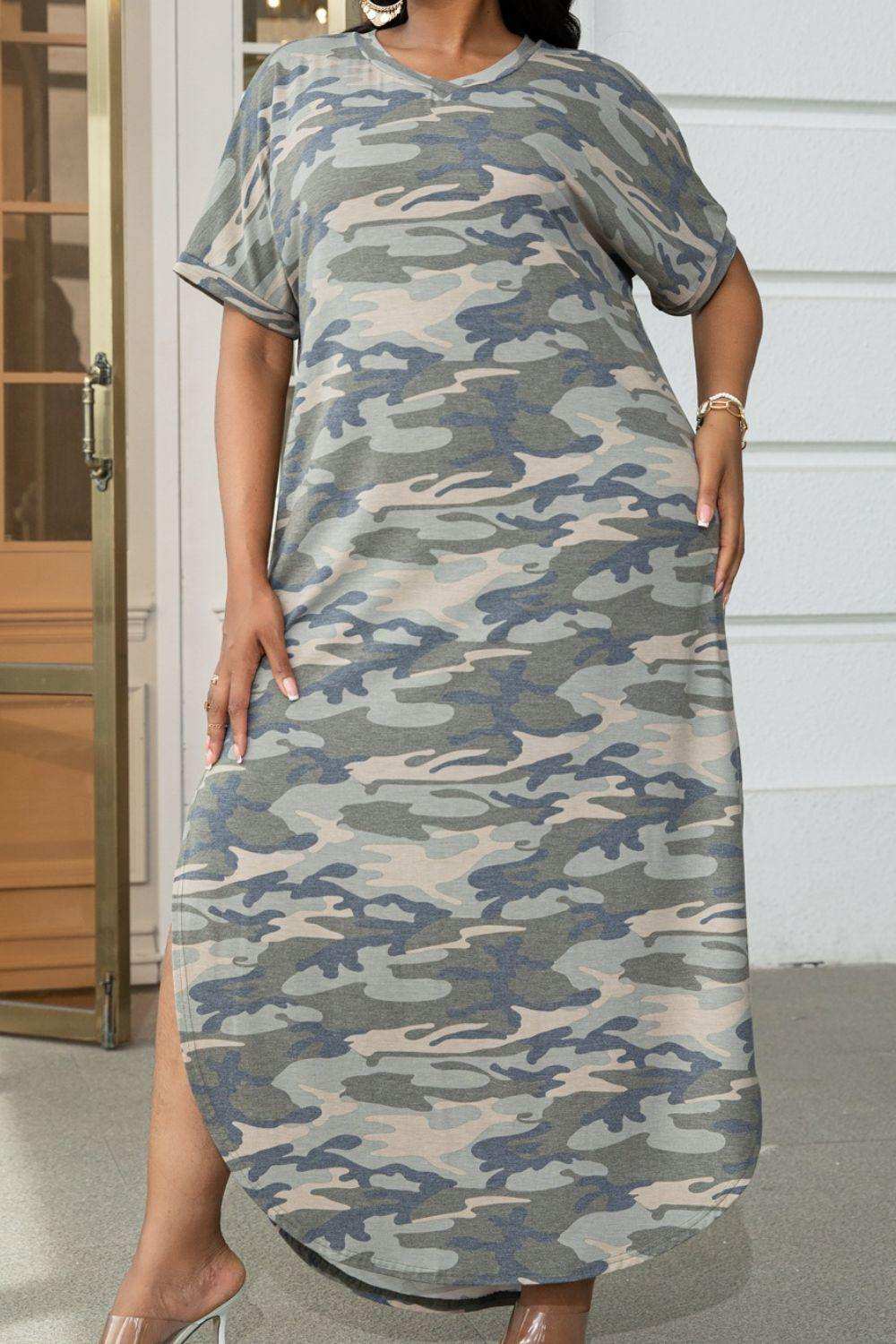 Plus Size Short Sleeve Split Curved Hem Dress - Trendsi - Flyclothing LLC