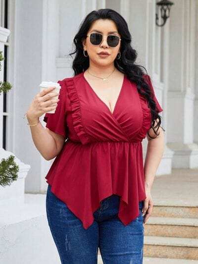 Plus Size Frill Surplice Flutter Sleeve Blouse - Trendsi - Flyclothing LLC