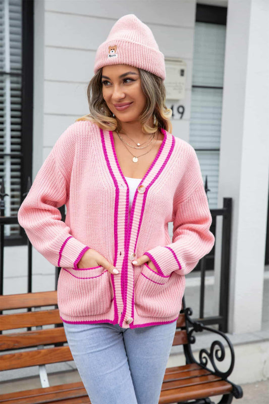 Waffle Knit V-Neck Cardigan with Pocket - Trendsi - Flyclothing LLC