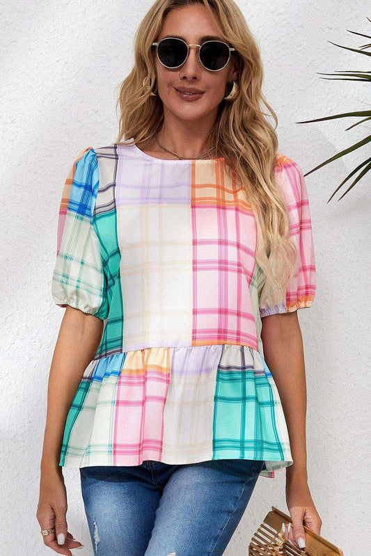 Round Neck Puff Sleeve Plaid Blouse - Trendsi - Flyclothing LLC