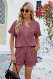 Notched Button Detail Dropped Shoulder Top and Shorts Set - Trendsi