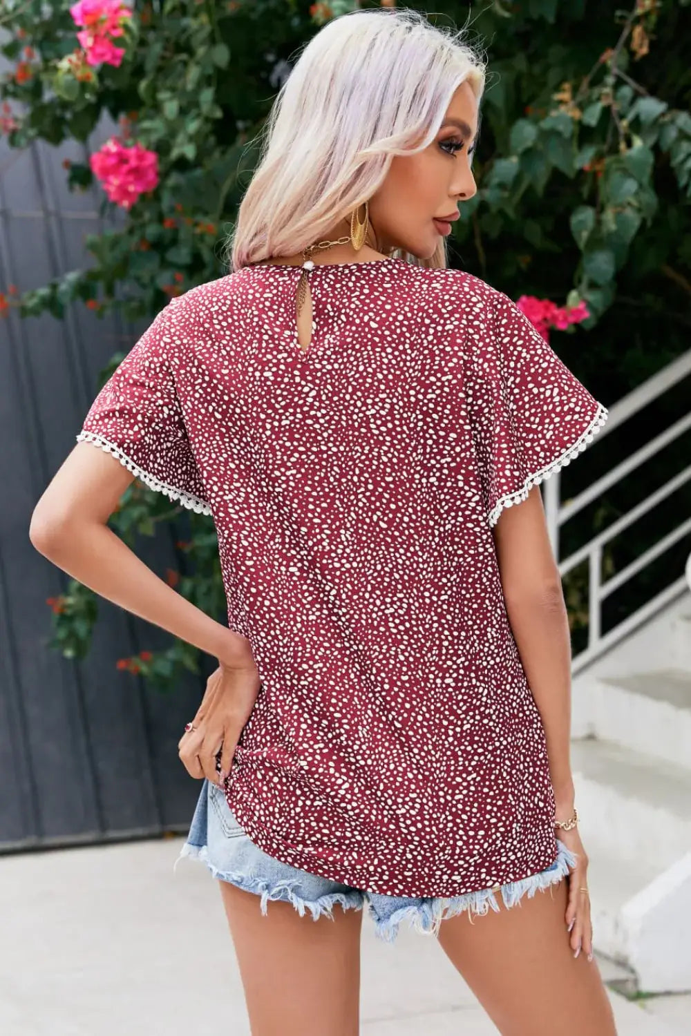 Printed Pom Pom Detail Petal Sleeve Blouse - Trendsi - Flyclothing LLC
