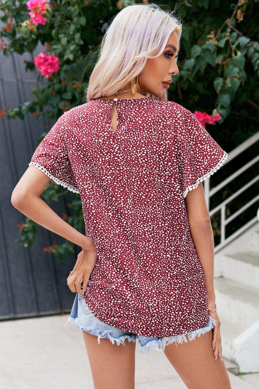 Printed Pom Pom Detail Petal Sleeve Blouse - Trendsi - Flyclothing LLC