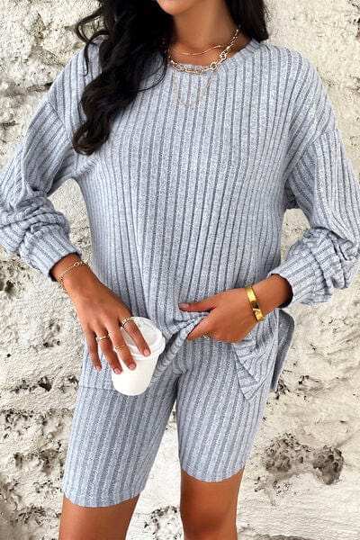 Ribbed Round Neck Dropped Shoulder Top and Shorts Set - Trendsi - Flyclothing LLC