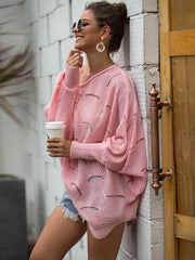 Full Size Boat Neck Lantern Sleeve Openwork Knit Top - Trendsi