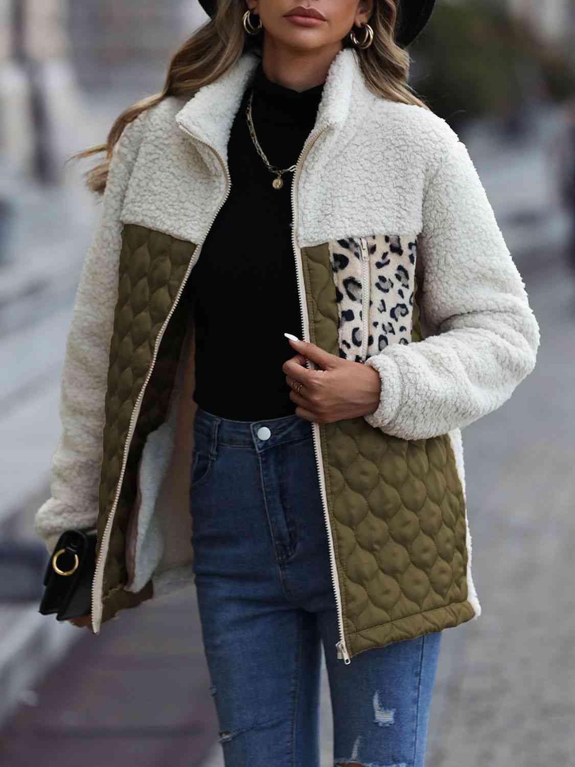 Leopard Color Block Zip-Up Jacket - Trendsi