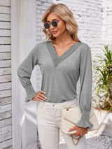 Smocked V-Neck Long Sleeve Blouse - Trendsi - Flyclothing LLC