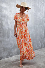 Floral Buttoned Drawstring Waist Tiered Dress - Trendsi - Flyclothing LLC