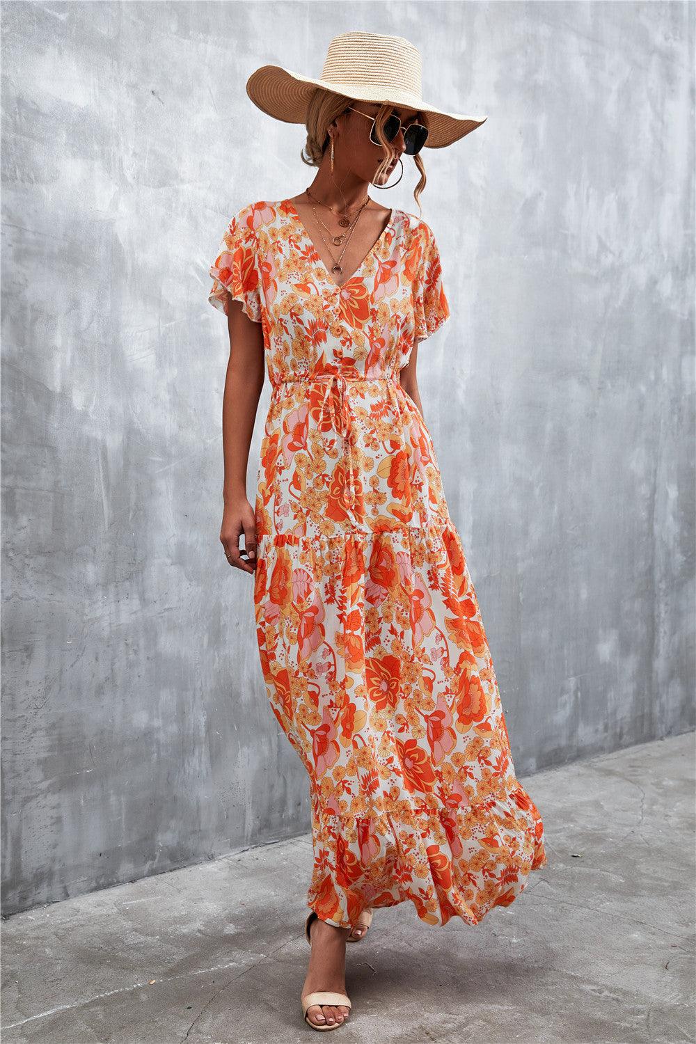 Floral Buttoned Drawstring Waist Tiered Dress - Trendsi - Flyclothing LLC
