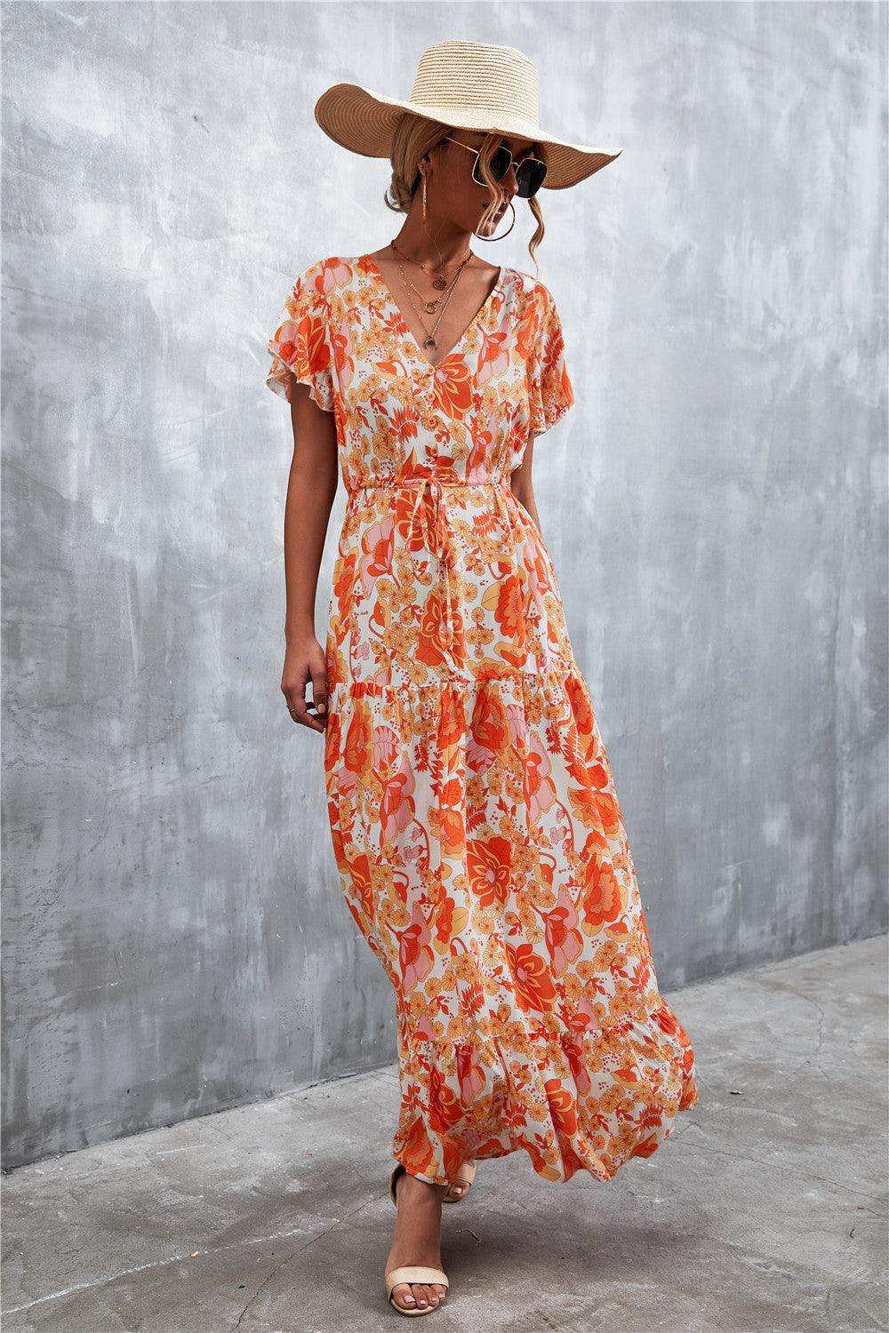 Floral Buttoned Drawstring Waist Tiered Dress - Trendsi - Flyclothing LLC