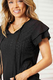 Double Take Eyelet Tie-Neck Flutter Sleeve Blouse - Trendsi