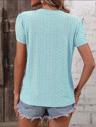 Eyelet V-Neck Petal Sleeve T-Shirt - Trendsi - Flyclothing LLC