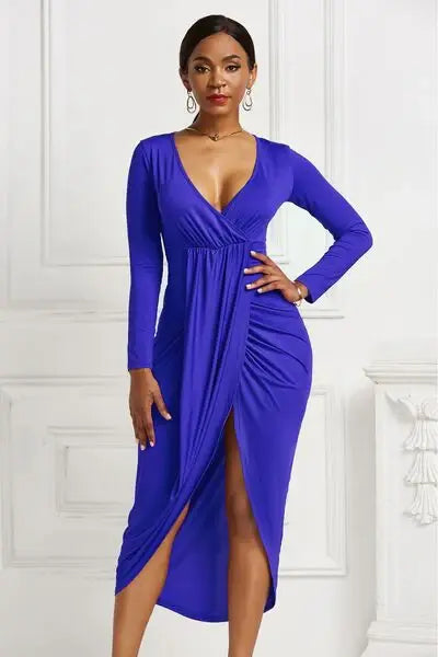 High-low Ruched Surplice Long Sleeve Dress - Trendsi - Flyclothing LLC