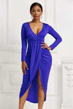 High-low Ruched Surplice Long Sleeve Dress - Trendsi - Flyclothing LLC