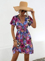 Printed Surplice Tie Waist Mini Dress - Trendsi - Flyclothing LLC