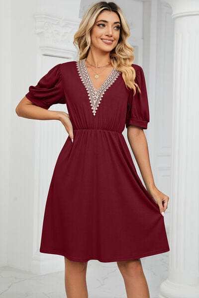 V-Neck Puff Sleeve Dress - Trendsi - Flyclothing LLC