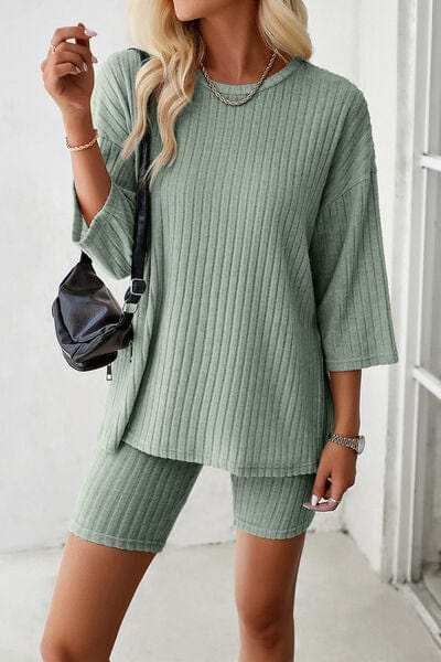 Ribbed Round Neck Top and Shorts Set - Trendsi - Flyclothing LLC