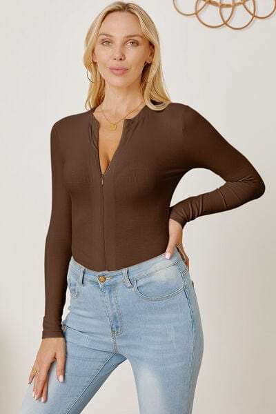 Zip Up Long Sleeve Bodysuit - Trendsi - Flyclothing LLC