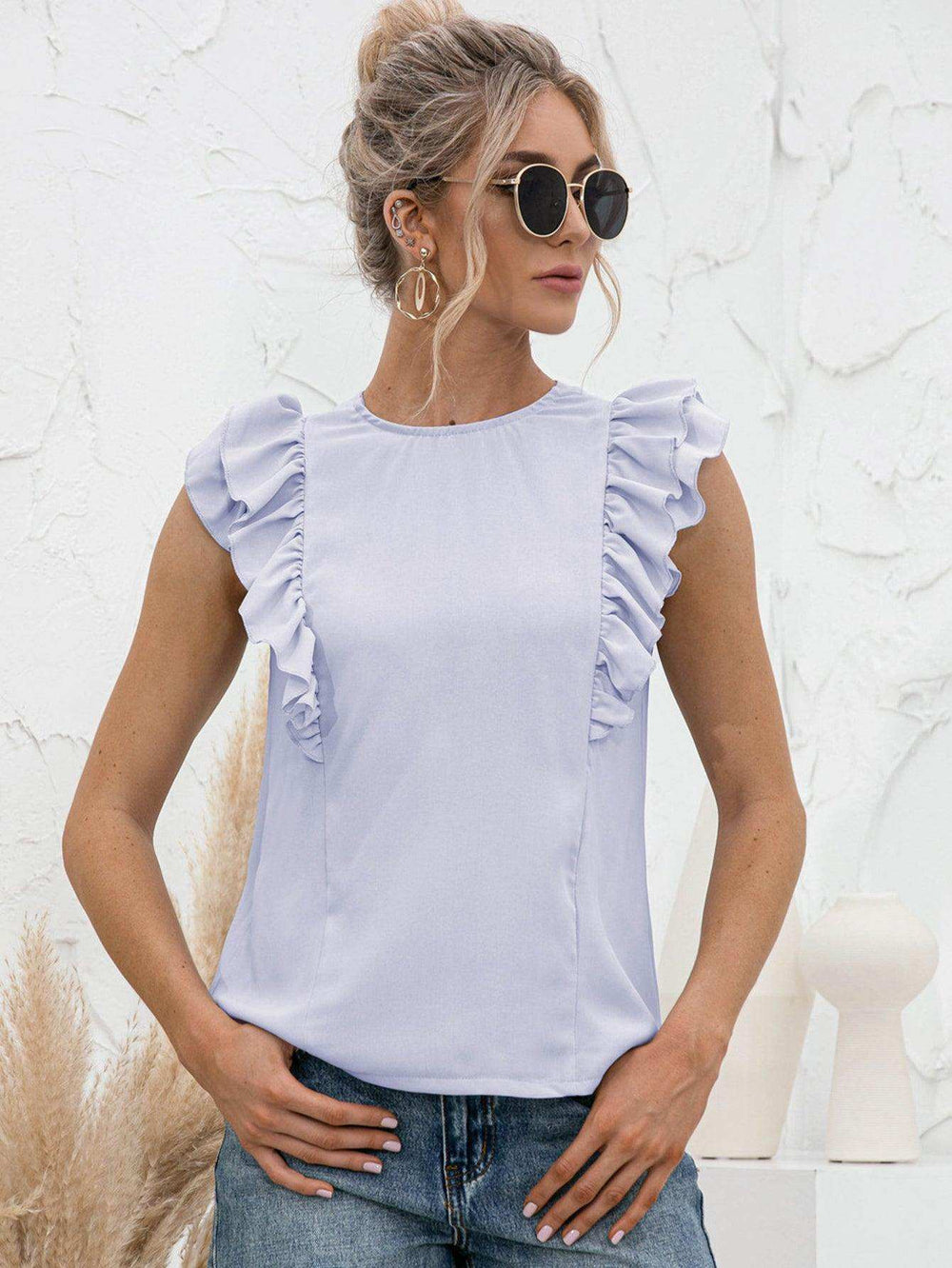 Round Neck Tied Open Back Flutter Sleeve Top - Trendsi - Flyclothing LLC