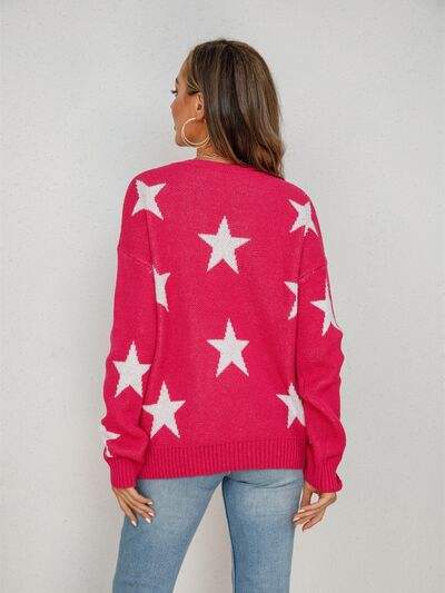 Star Round Neck Dropped Shoulder Sweater - Trendsi - Flyclothing LLC