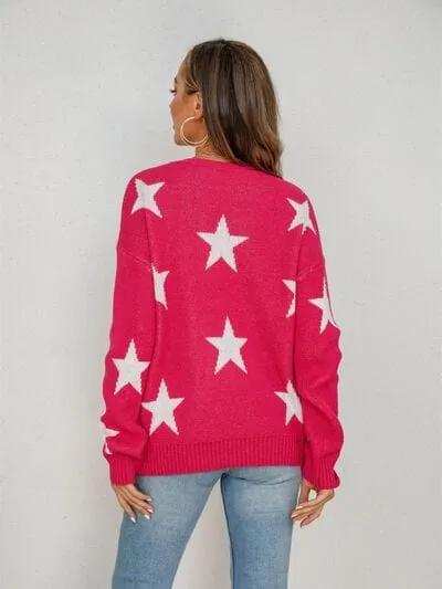 Star Round Neck Dropped Shoulder Sweater - Trendsi - Flyclothing LLC