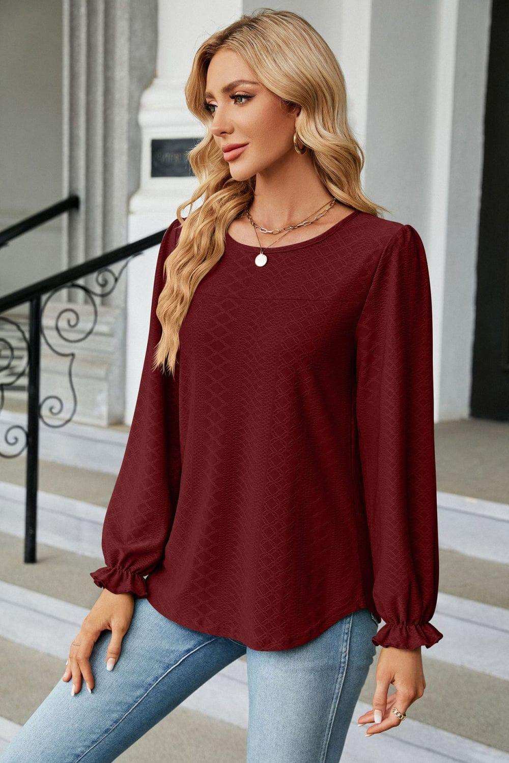 Round Neck Flounce Sleeve Blouse - Trendsi - Flyclothing LLC