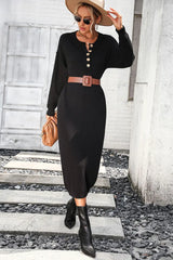 Notched Neck Dropped Shoulder Button-Down Midi Dress - Trendsi - Flyclothing LLC