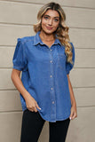 Puff Sleeve Collared Denim Top - Trendsi - Flyclothing LLC