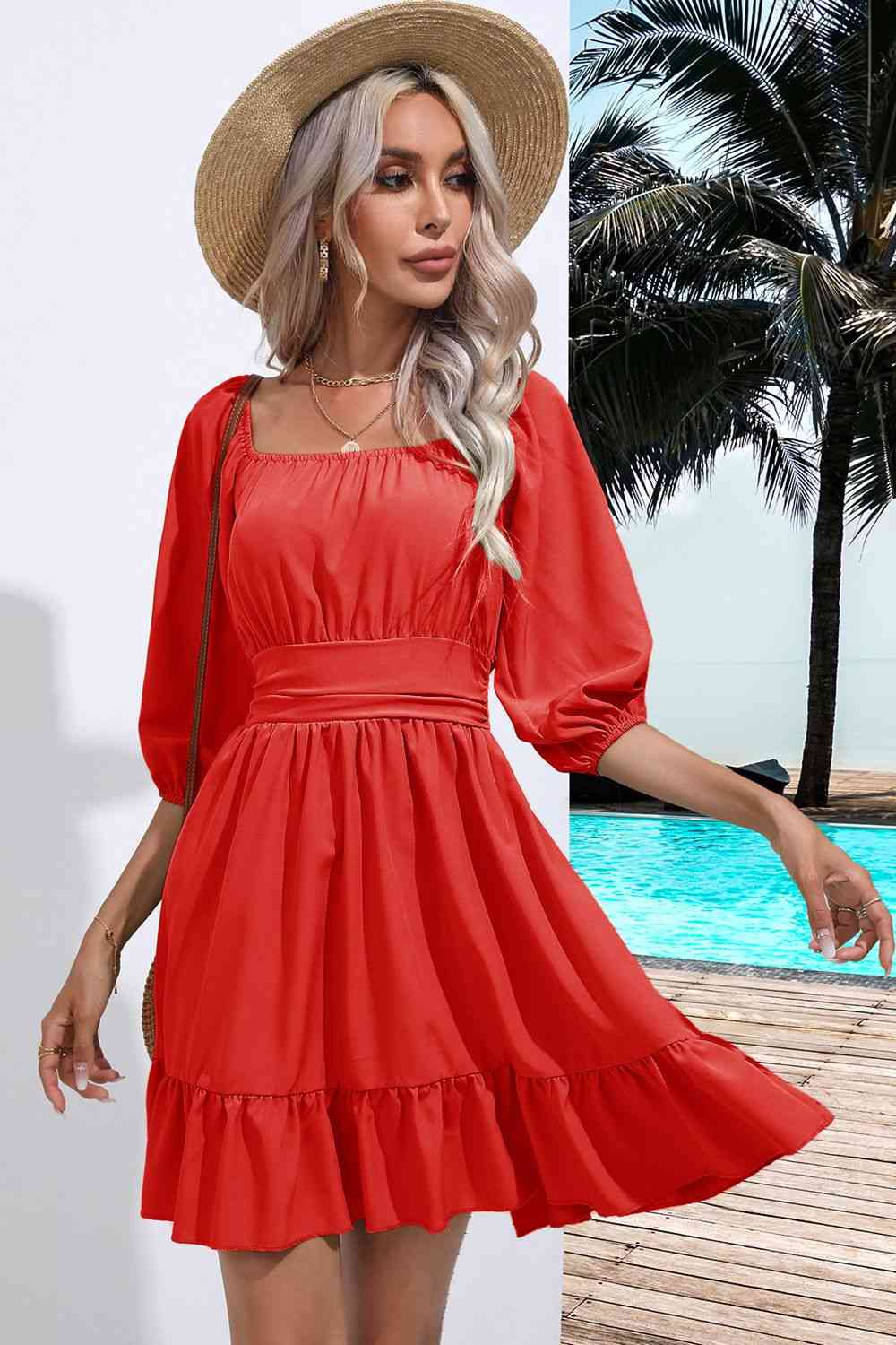 Square Neck Tie Back Ruffle Hem Dress - Flyclothing LLC