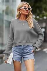 Round Neck Drop Shoulder Long Sleeve Sweater - Trendsi - Flyclothing LLC