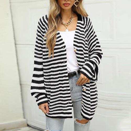 Striped Button Down Long Sleeve Cardigan - Trendsi - Flyclothing LLC