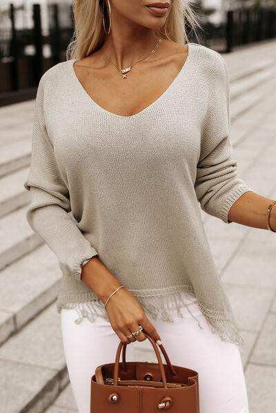 Fringe Trim V-Neck Pullover Sweater - Trendsi - Flyclothing LLC