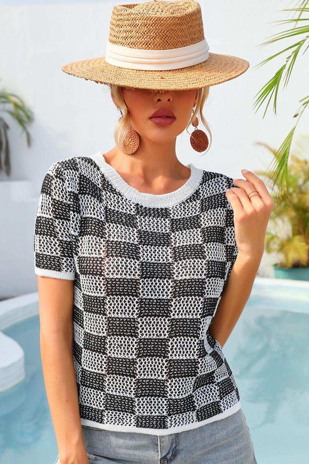 Checkered Short Sleeve Knit Top - Trendsi - Flyclothing LLC