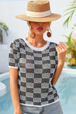 Checkered Short Sleeve Knit Top - Trendsi - Flyclothing LLC