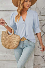 Notched Half Sleeve T-Shirt - Trendsi - Flyclothing LLC