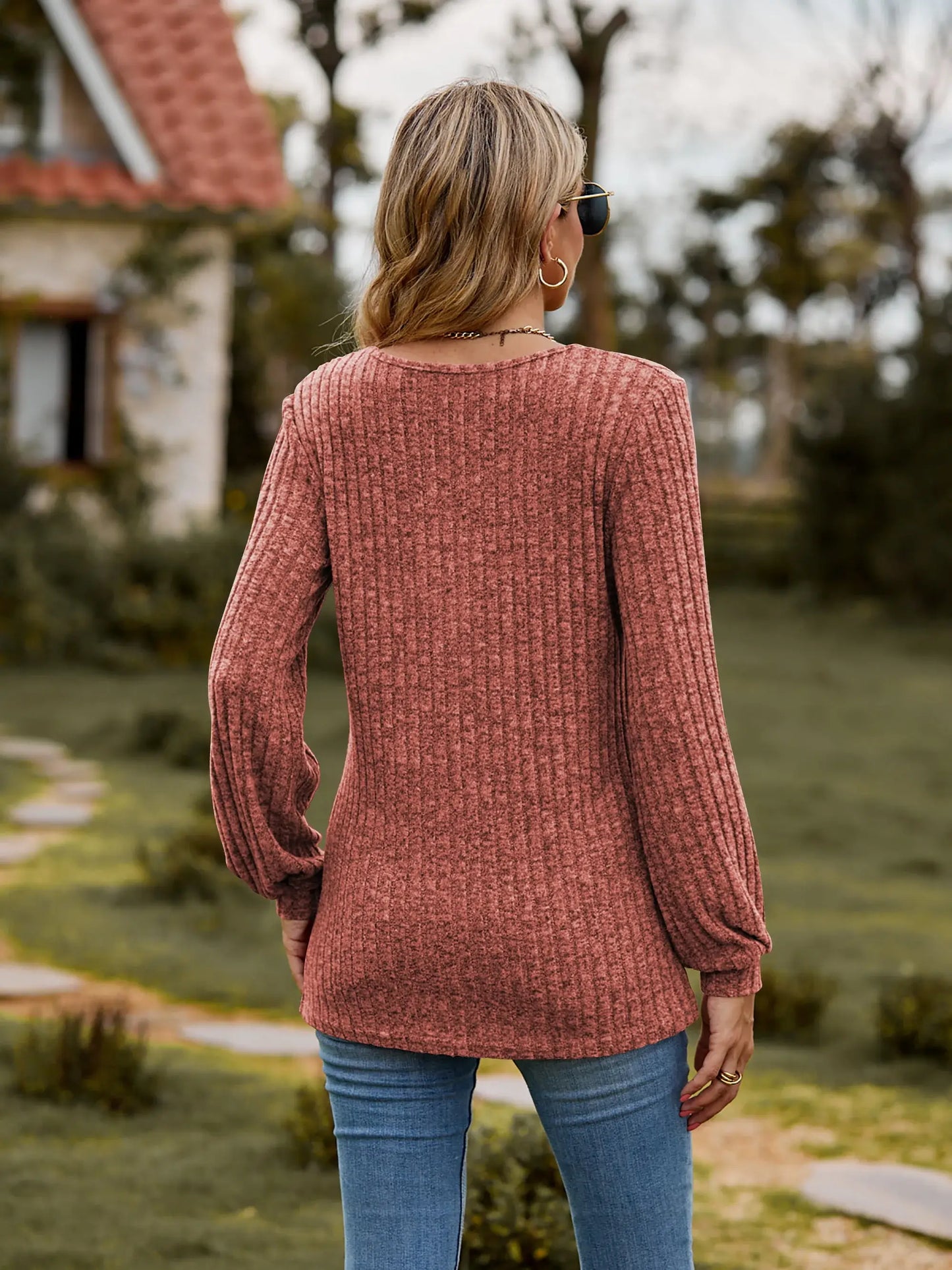 Round Neck Button-Down Long Sleeve Tee - Trendsi - Flyclothing LLC