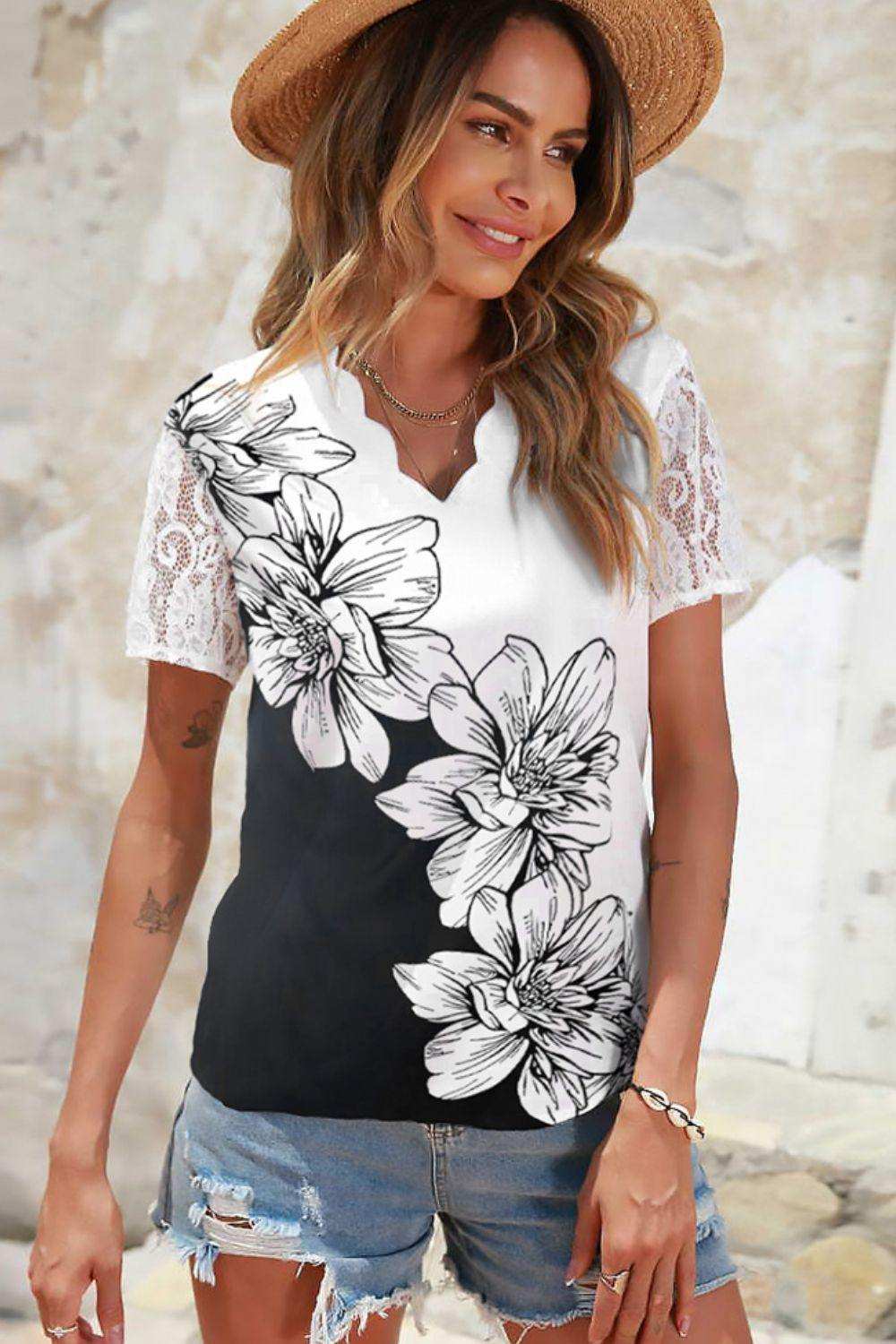 Floral Graphic Scalloped V-Neck Top - Trendsi - Flyclothing LLC