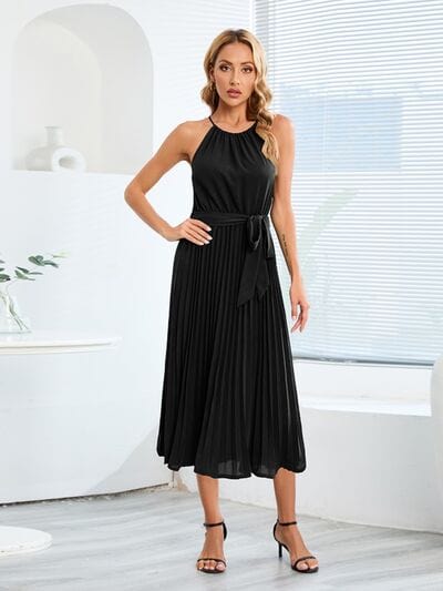Pleated Spaghetti Strap Tie Waist Midi Dress - Trendsi